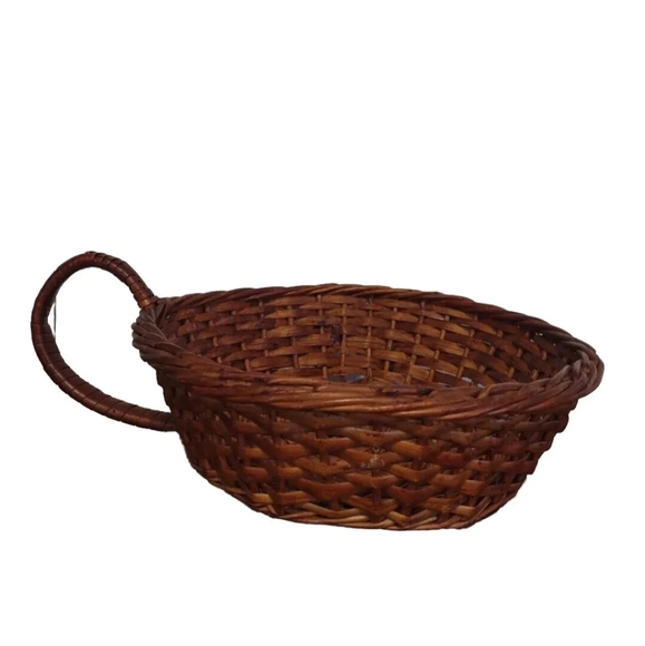 Basket Loop Handle Vintage Brown Wicker Hand Woven 9.5" Dia ~ Rare Cottage Core - Picture 1 of 10
